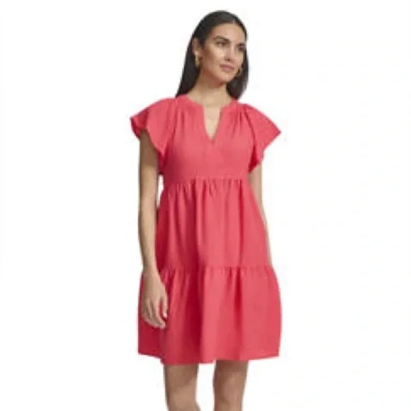 Calvin Klein Women's Flutter Sleeve V-Neck Gauze Dress Size 12 NWT Watermelon - Picture 1 of 16